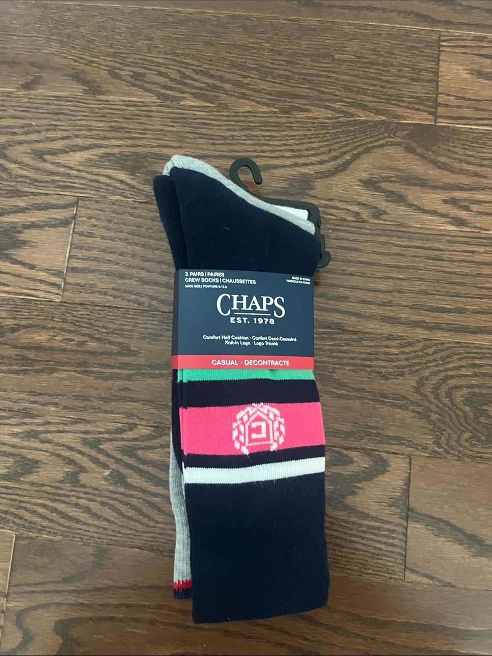 Chaps Men's Crew Socks in Navy, Pink & Green Accent